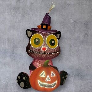 Fiber Optic Halloween Black Cat Witch Hat Pumpkin 15" Jack O Lantern‎ Light Up